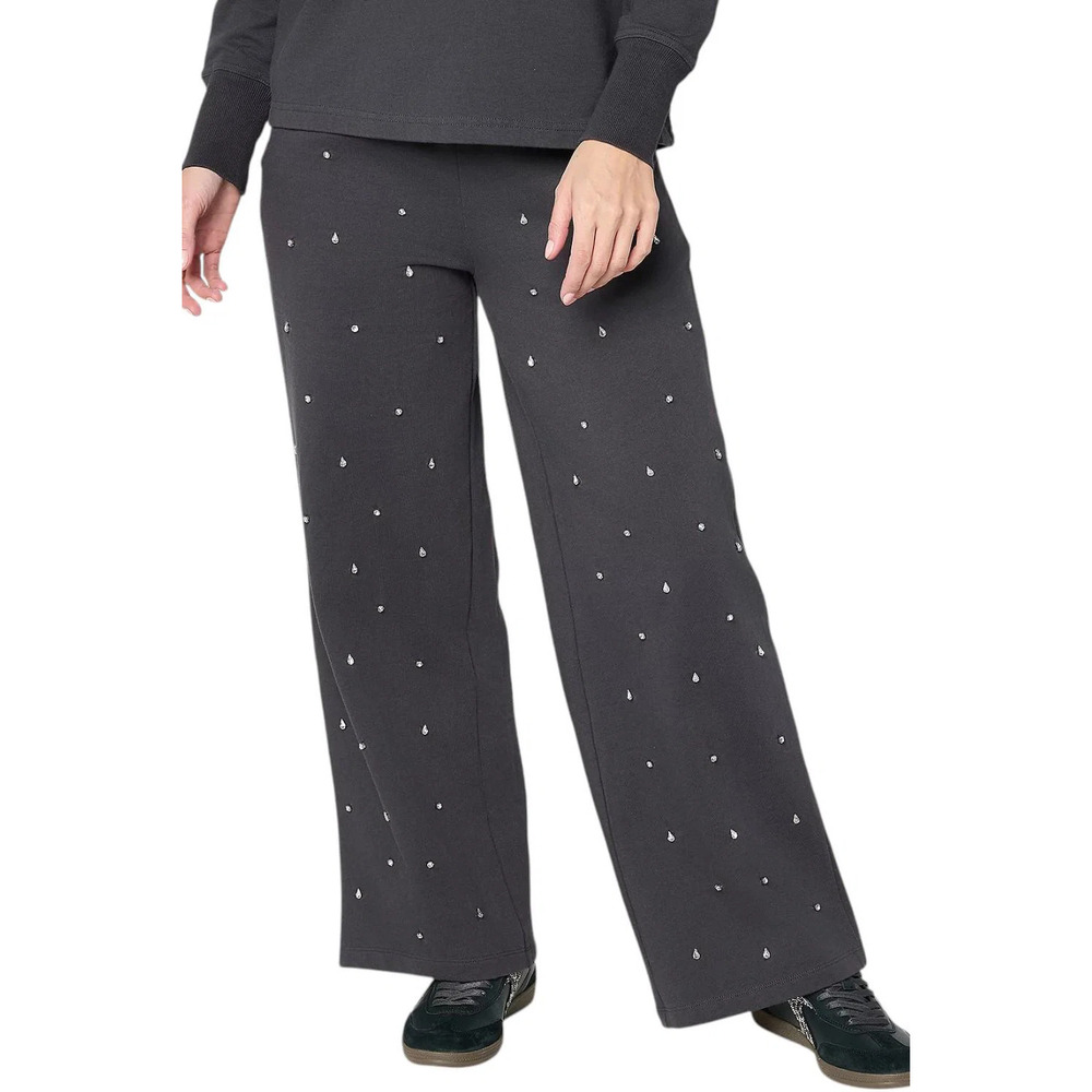 Mally Roncal Women's French Terry Jeweled Wide Leg Pants Washed Black - Regular